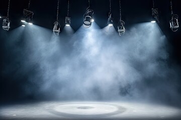 Dynamic stage lights. Electrifying stage illuminated with vibrant lights smoke and beams creating...