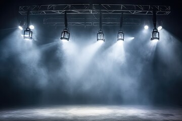 Dynamic stage lights. Electrifying stage illuminated with vibrant lights smoke and beams creating visually stunning atmosphere. Lively and energetic setting is perfect for concerts events and shows