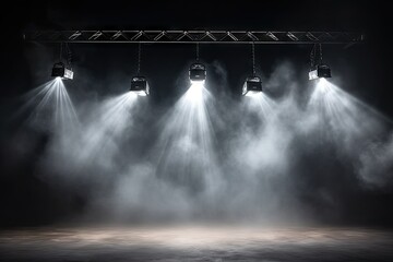 Dynamic stage lights. Electrifying stage illuminated with vibrant lights smoke and beams creating...