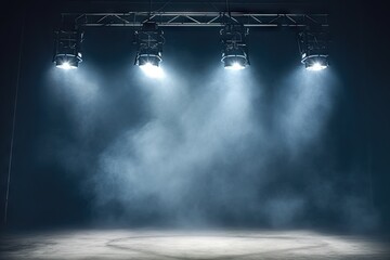 Dynamic stage lights. Electrifying stage illuminated with vibrant lights smoke and beams creating visually stunning atmosphere. Lively and energetic setting is perfect for concerts events and shows