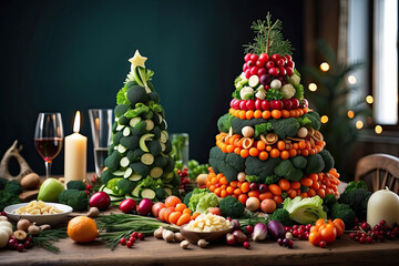 A Christmas tree made of natural healthy vegetables on a festive New Year's table. Proper nutrition, health care, vegetarianism and veganism