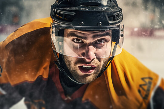 A hockey player wearing a helmet and a yellow jersey. This image can be used to depict a player in action during a hockey game or to illustrate sports and teamwork concepts