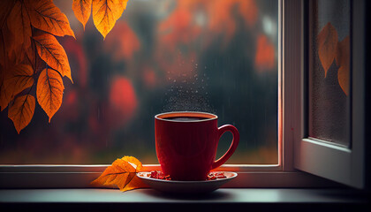 red cup with hot drink and wet autumnal window; Autumn season background, Ai generated image. - obrazy, fototapety, plakaty