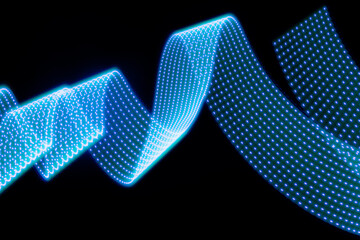 Blue neon curved wave of light as curls or swirl with dotted stripes on black background. Abstract...