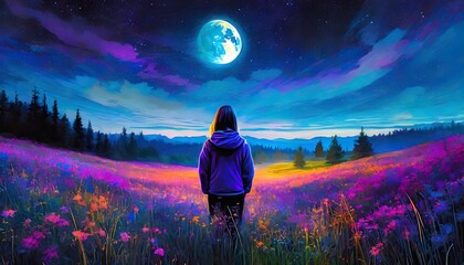 Tranquil Night Silhouette: Ambient Vibes with Hoodie-Girl or Boy facing away, Gazing at Starlit Sky Contemplating Cosmic Beauty