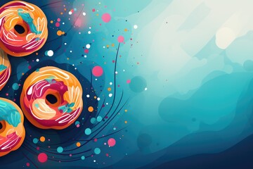 Colorful donuts on a blue watercolor background. Abstract background themed around Paczki Day, or Donut Day - obrazy, fototapety, plakaty