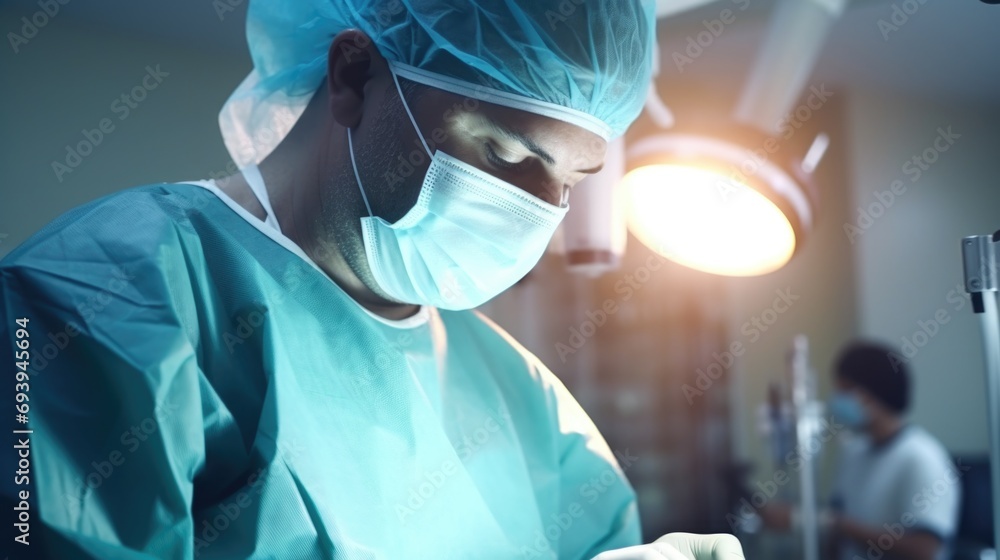 Poster a man in a surgical gown operating a device. suitable for medical and healthcare concepts