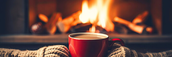A warming mug of coffee in a village house near the fireplace in the hands of a girl in a sweater. Cozy winter, Christmas, New Year. Banner