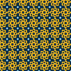 yellow geometric flower pattern with blue dot and dark background. seamless pattern design