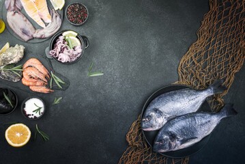 ingredients seafood with fish net copy space. High quality and resolution beautiful photo concept
