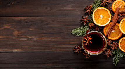 Fragrant Ingredients for mulled wine in glasses with cinnamon, orange slice and spices, anise, fir branches on wooden table with space for text, top view. 