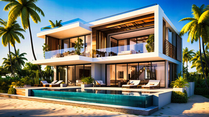 Fototapeta premium Sun-Drenched Coastal Villa, White Sand and Turquoise Waters, Tropical Paradise,