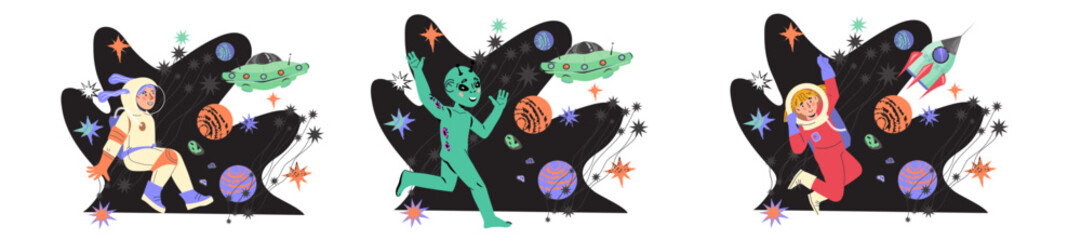 Space adventure as children become space explorers, cosmonauts, and astronauts. Space banners set with children discover new planets and encounter friendly aliens, vector illustration isolated.