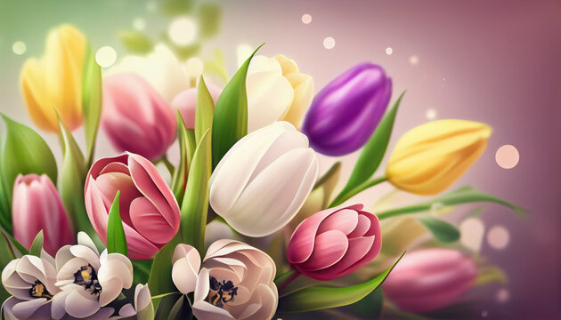 Summer blossom delicate floral bouquet on blurred multicolor bokeh background. Abstract background. Generative AI