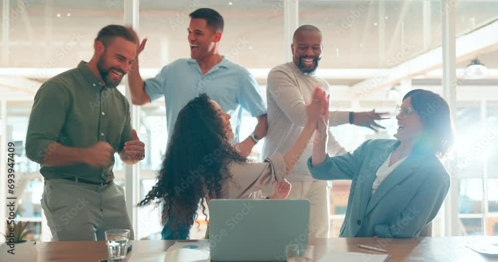 Canvas Prints Winner, teamwork and business people on laptop with success, stock trading profit and financial bonus. Winning, celebration and happy workers cheer, high five and applause for sales goal on computer