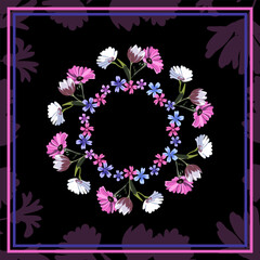 Vector floral pattern in a square for the design of a scarf, tablecloth