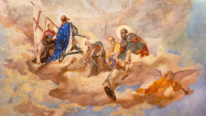 VICENZA, ITALY - NOVEMBER 7, 2023: The fresco of St. Bernard, Bonaventure, Luis IX, Roch, in the...