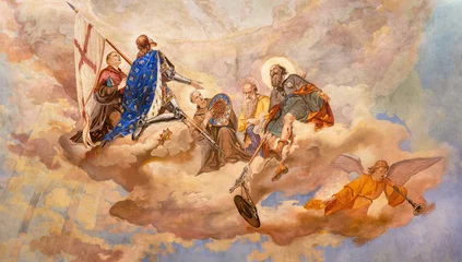 Fototapeten VICENZA, ITALY - NOVEMBER 7, 2023: The fresco of St. Bernard, Bonaventure, Luis IX, Roch, in the Glory on the ceiling of church Chiesa di Santa Lucia by Rocco Pittaco (1862).   © Renáta Sedmáková