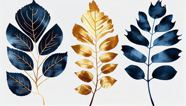 Set of golden and blue tree leaves on white background. Set of three watercolor transparent golden dark blue leaves on white background illustration, Ai generated image.