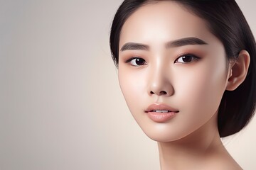 Portrait of beautiful young asian women with clean fresh skin on gray background.