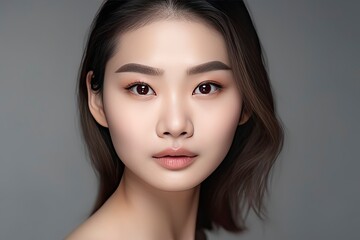 Fototapeta premium Portrait of beautiful young asian women with clean fresh skin on gray background.