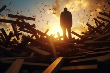 A powerful image of a man standing on top of a pile of wooden crosses. This picture can be used to symbolize strength, determination, or overcoming challenges.