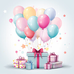 gift boxes with colorful balloons and ribbons hand drawn illustration on white background