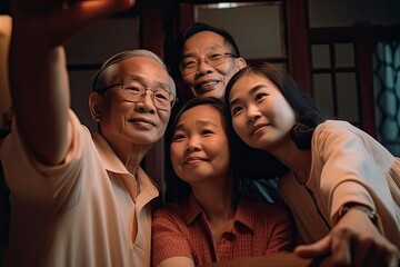Asian family taking selfie together at home.