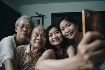 Asian family taking selfie together at home.