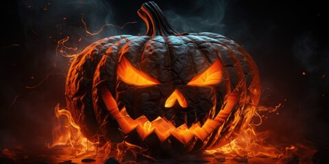A spooky Halloween pumpkin with glowing eyes engulfed in flames. Perfect for Halloween decorations or themed events