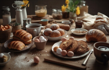 Holiday breakfast. Festive dishes on the table on Easter. Elements of Easter.