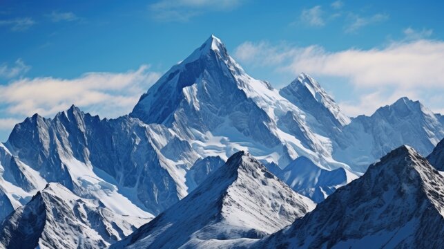 Snow covered mountains against a clear blue sky. Perfect for travel and adventure themes