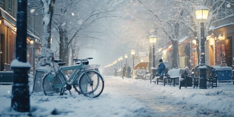 A bicycle parked on the side of a snowy street. Suitable for winter-themed designs and outdoor...