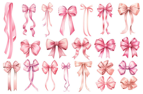 Watercolor vintage pink ribbons and bows Valentines day illustration