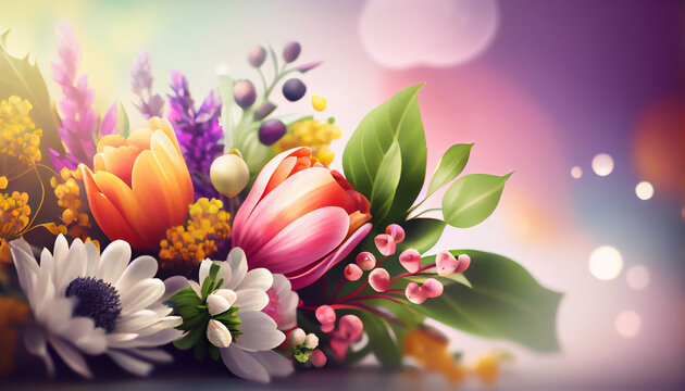 Summer blossom delicate floral bouquet on blurred multicolor bokeh background. Abstract background. Generative AI