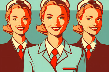 Beautiful young flight attendants in flight uniforms are standing and smiling at the camera - advertising of airline services - vintage style