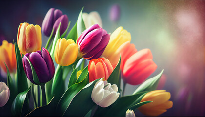 Spring tulip bouquet on blurred bokeh background, isolated flowers. Bright colourful composition. Generative AI