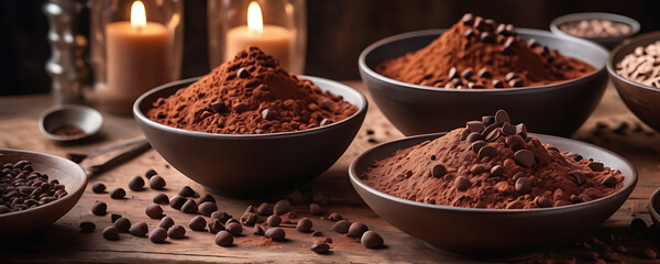 Cocoa powder, sugar, and chocolate chips sit ready in bowls on a wooden table, set up to create a warm chocolate treat. - obrazy, fototapety, plakaty