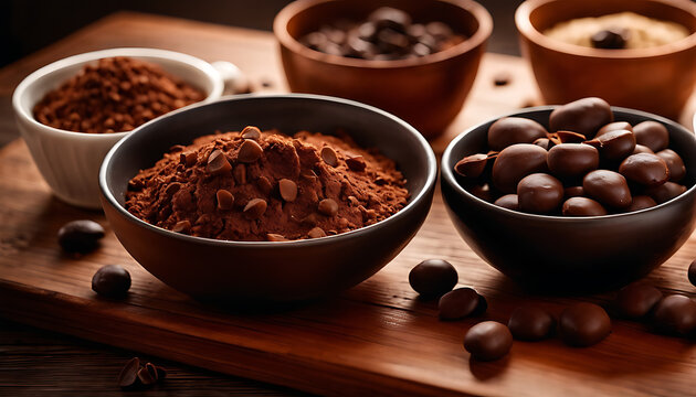 Cocoa powder, sugar, and chocolate chips sit ready in bowls on a wooden table, set up to create a warm chocolate treat.