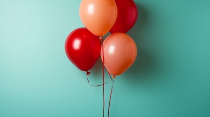 Red Rubber Balloons on blue background. Party, Birthday, Celebration.  - obrazy, fototapety, plakaty