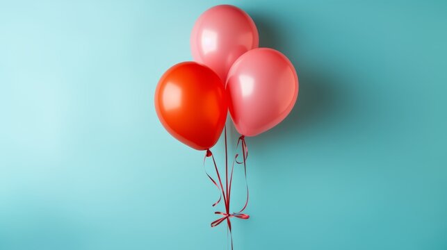 Red Rubber Balloons on blue background. Party, Birthday, Celebration. 