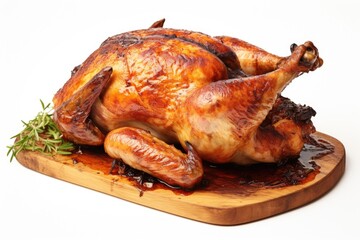 A delicious roasted chicken on a cutting board, garnished with a fresh sprig of rosemary. Perfect for food lovers and cooking enthusiasts