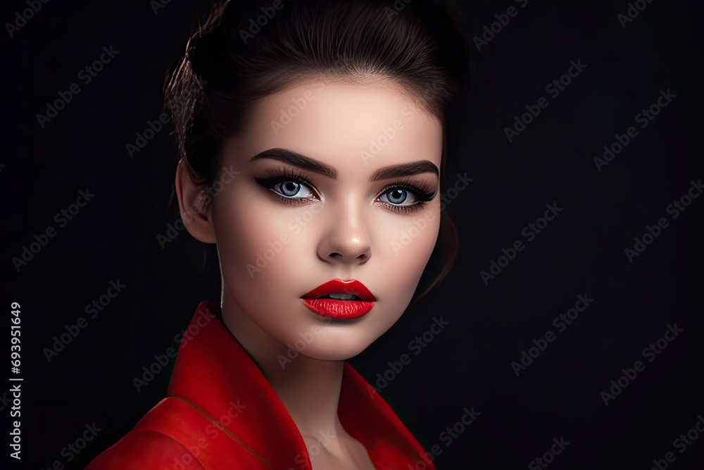 Wall mural Closeup Portrait of a Female Fashion Model with Long Hair, Red Lipstick, Matte Makeup, and Wearing Beautiful Red Dress, Black Background. Fashion Editorial Concept