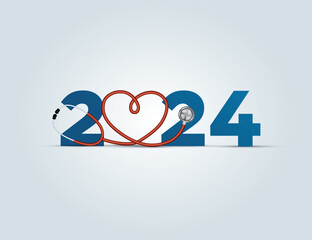 2024 new year Healthcare concept. Healthy new year- creative vector illustration for 2024 new year. Doctor stethoscope with smiling heart and blue background - obrazy, fototapety, plakaty