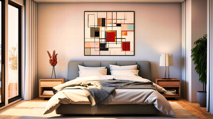 Modern Bedroom with Geometric Wall Art and Neutral Bedding