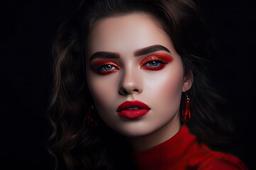 Closeup Portrait of a Female Fashion Model with Long Hair, Red Lipstick, Matte Makeup, and Wearing Beautiful Red Dress, Black Background. Fashion Editorial Concept