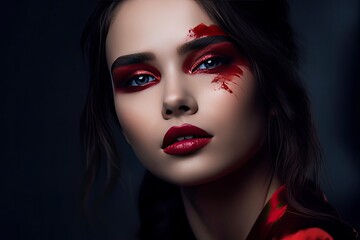 Fototapeta premium Closeup Portrait of a Female Fashion Model with Long Hair, Red Lipstick, Matte Makeup, and Wearing Beautiful Red Dress, Black Background. Fashion Editorial Concept