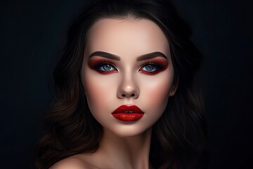 Fototapeta premium Closeup Portrait of a Female Fashion Model with Long Hair, Red Lipstick, Matte Makeup, and Wearing Beautiful Red Dress, Black Background. Fashion Editorial Concept