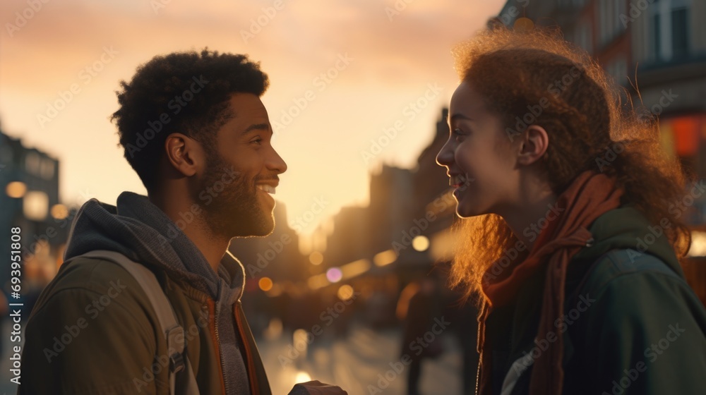Poster a picture of a man and a woman standing next to each other. suitable for various uses