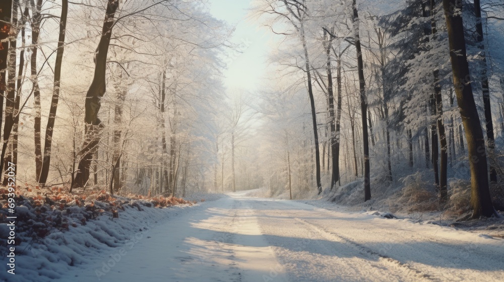Poster A picture of a snowy road surrounded by trees in the middle of a forest. Can be used to depict a winter landscape or a peaceful nature scene